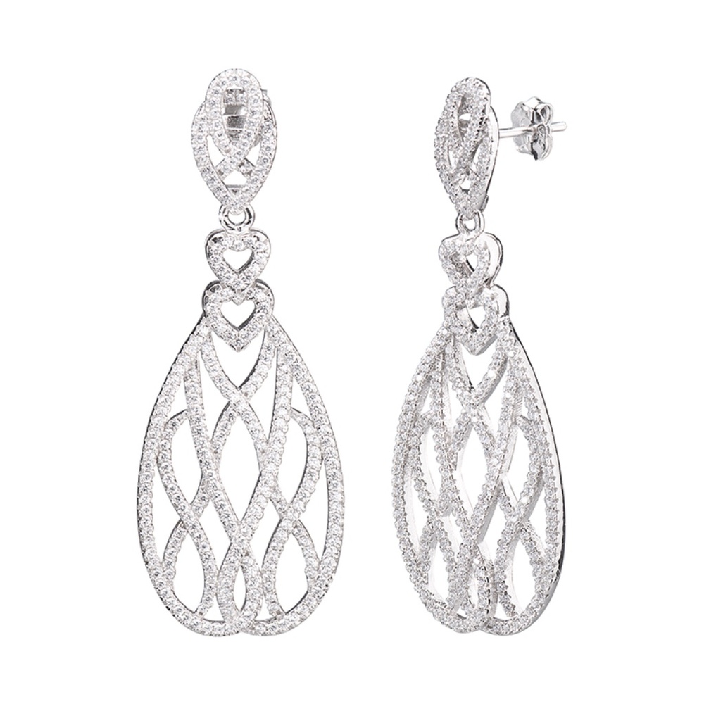 Sterling Silver Long Figure 8 Drop & Dangle Earrings with CZ